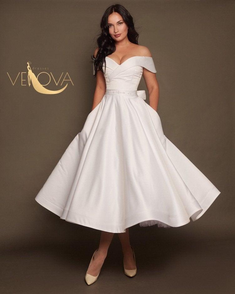 Hochzeit - Short Wedding Dress Off Shoulder, Tea Length Wedding Dress Plus Size