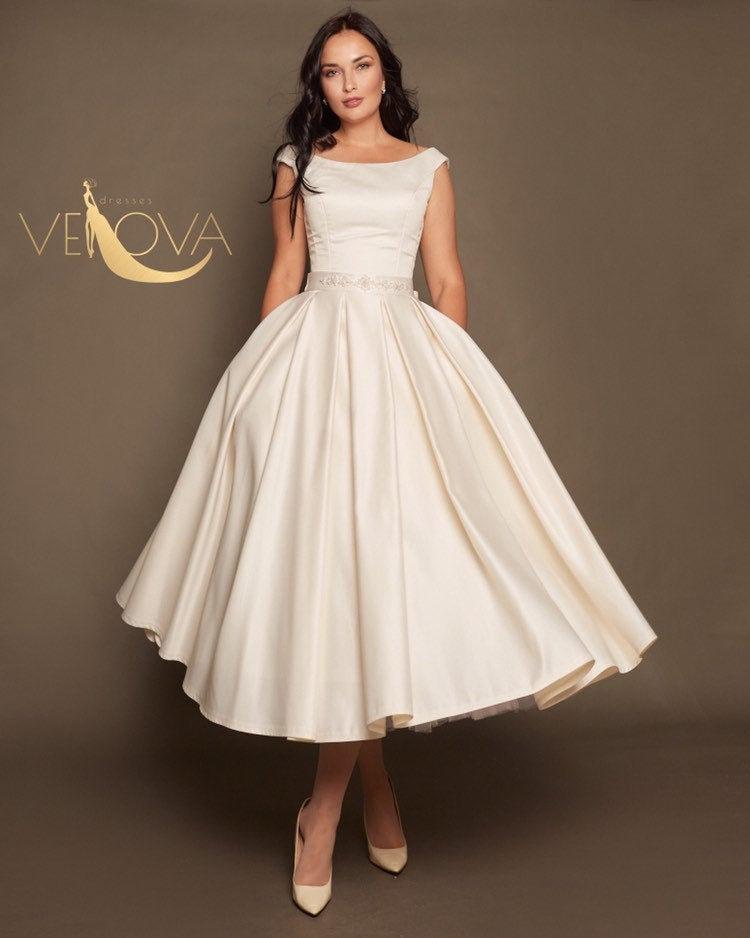 زفاف - Tea length Wedding Dress Short, Modest Wedding Dress