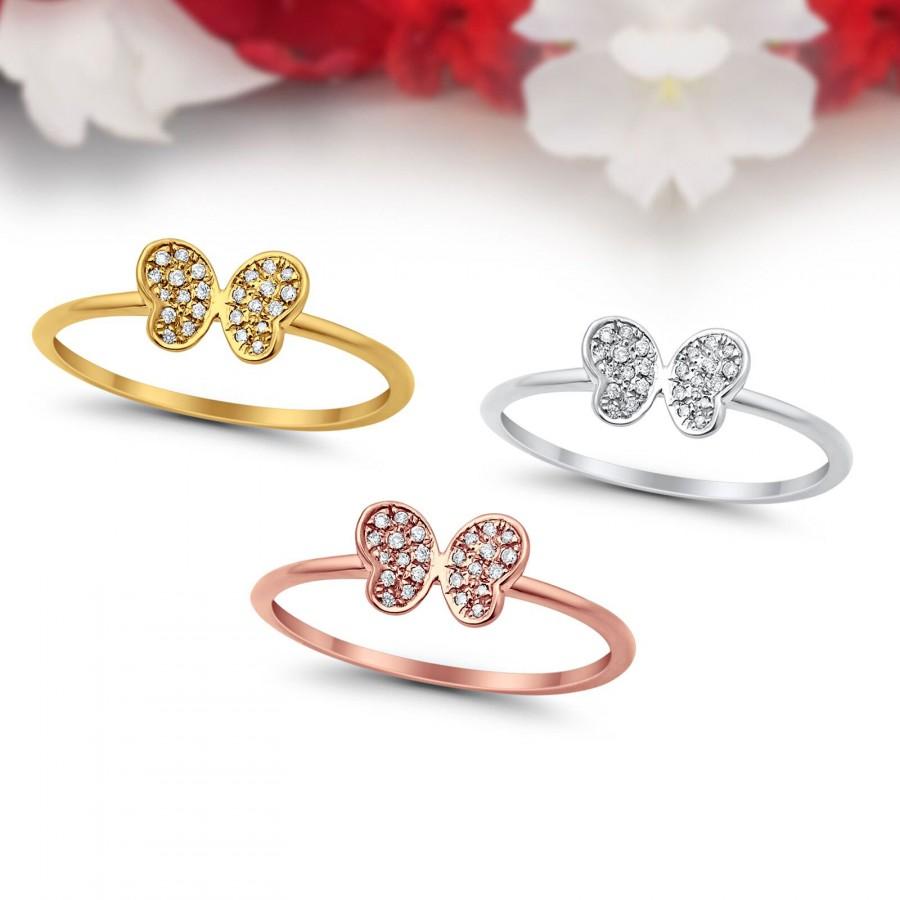 زفاف - Art Deco Wedding Engagement Ring 0.05ct 14kt White, Yellow & Rose Gold Butterfly Diamond  Ring Size 6.5