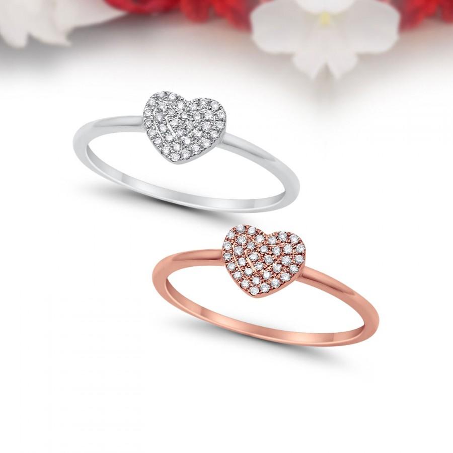 Mariage - Art Deco Wedding Engagement Ring 0.07ct 14kt White & Rose Gold Heart Diamond Ring Size 6.5