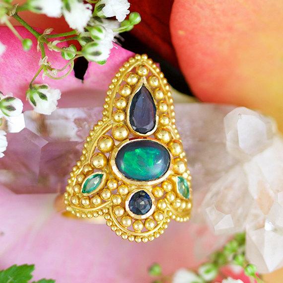 Wedding - 22K Gold Multi stone Ring With Australian Opal Blue Sapphires And Emeralds- Gold Gemstone Ring- Women Ring- Engagement Ring