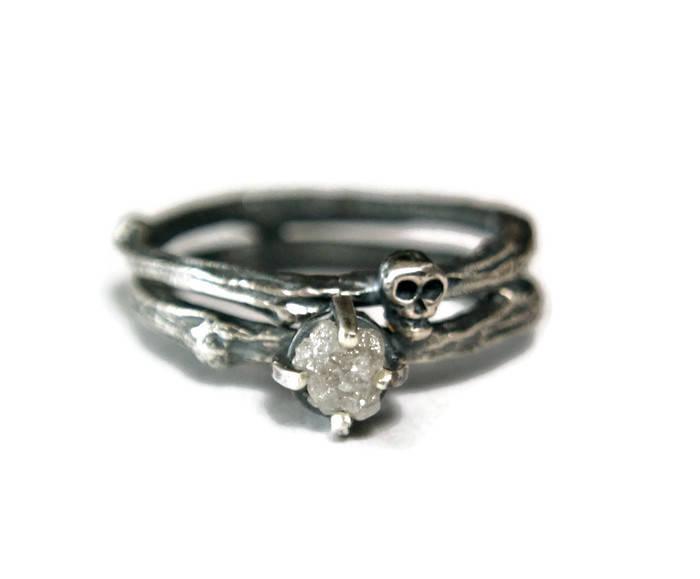 زفاف - Wedding Rings Set Alternative Wedding Rings Bridal Set Till Death Do Us Part Rough Diamond & Skull Rings Gothic Ring Jewelry for Women