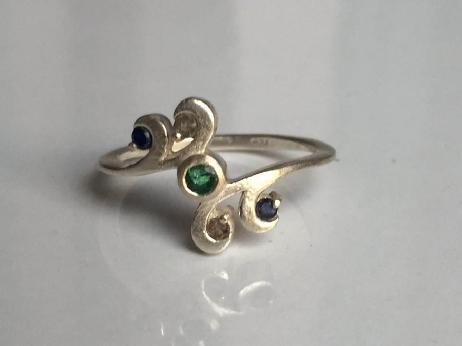 زفاف - AAA quality natural sapphire ,emerald and double cut black diamond ring in 925 sterling silver