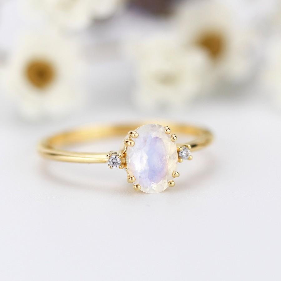 Hochzeit - Moonstone Engagement Ring, Oval Engagement Ring, Simple ring, Delicate Ring, Cluster Engagement ring Moonstone and diamonds ring