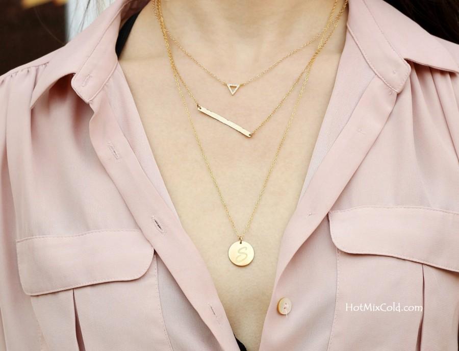 Wedding - Gold Layering Necklace, Tiny Triangle Necklace, CZ Diamond Jewelry, Long Bar Necklace, Initial Pendant Necklace, Silver Layered Necklace