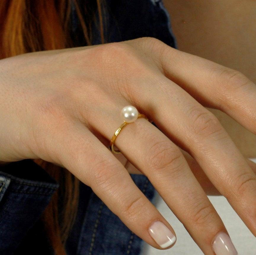 زفاف - Gold Pearl Ring - Solitaire Silver Stacking Rings -  14K Solid Gold Engagement Ring Bridal Jewelry - Christmas Gift SR0207