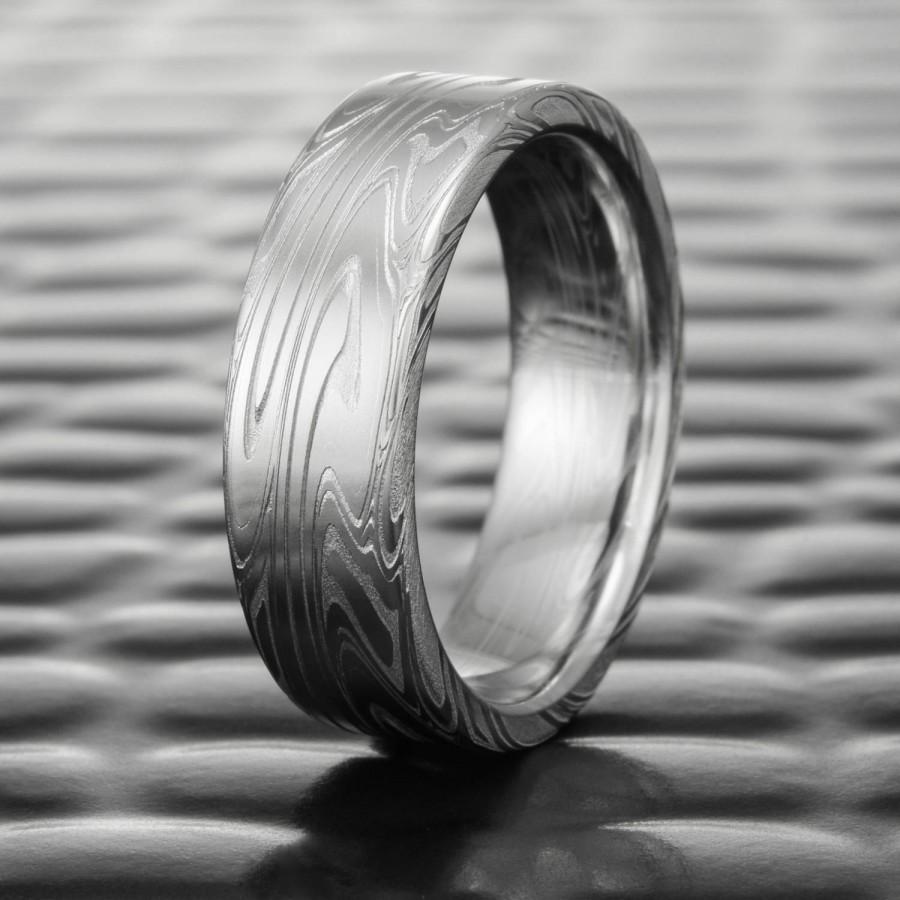 Hochzeit - Unique Damascus Steel Flat Wedding Band for Men. Stainless Steel Mokume Gane Handmade Ring  