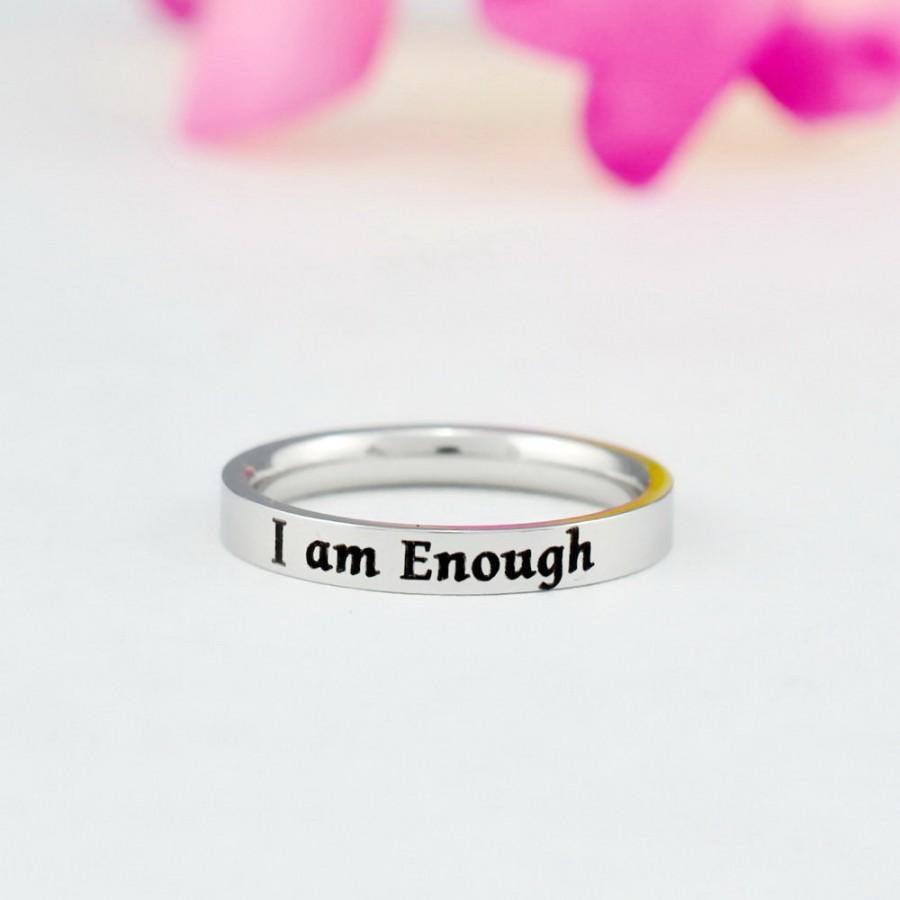 زفاف - I am Enough - Dainty Stainless Steel Stacking Band Ring, Inspirational Motivational Ring, Graduation Gift