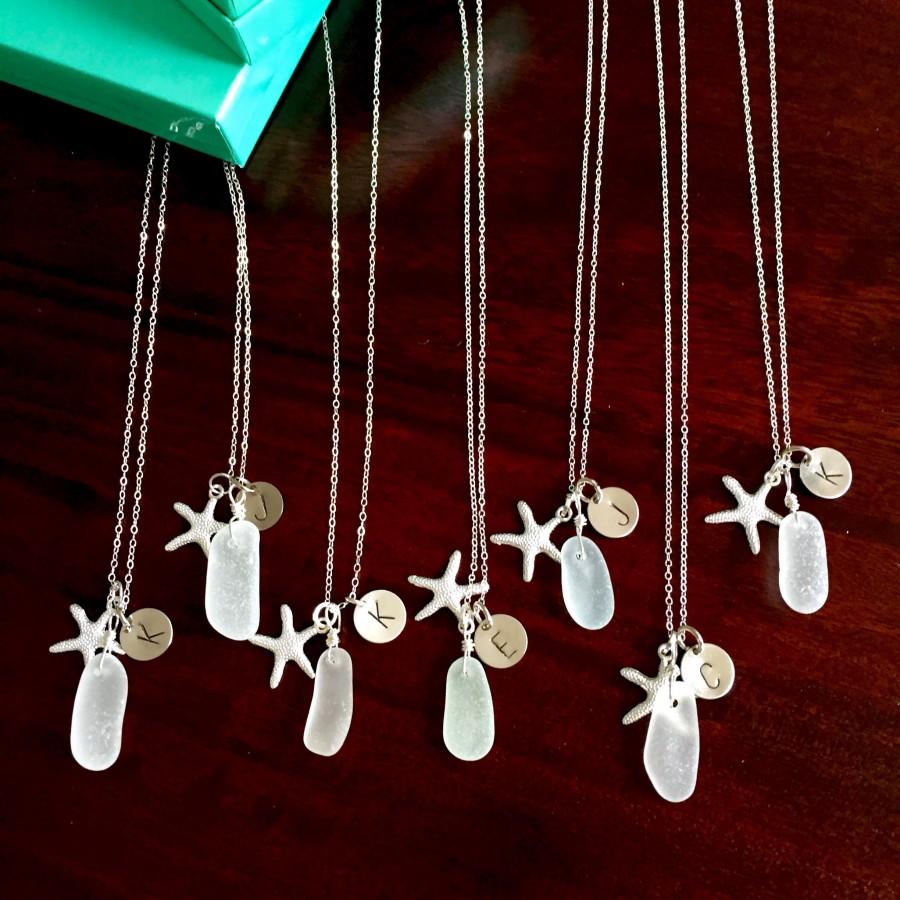 زفاف - Personalized Sea Glass Charm Necklaces - Starfish, Bridal Set, choice of color, Bridesmaid Gift, Ocean, Beach Inspired, Boho