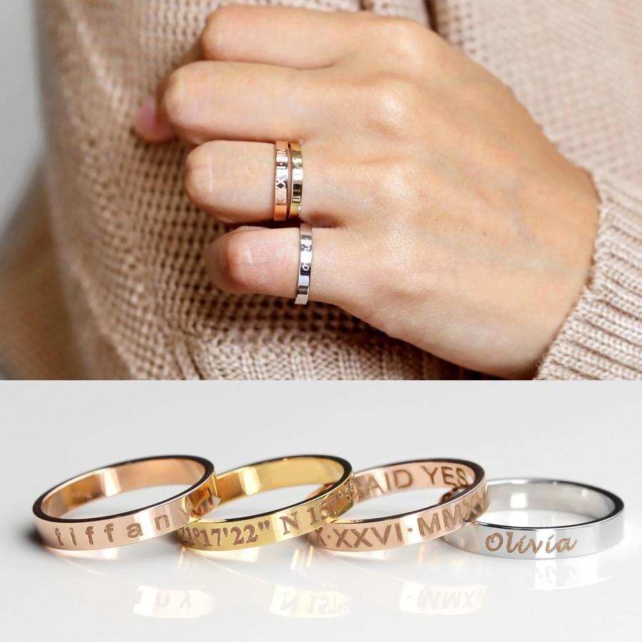 Hochzeit - Stacking Rings Engraved Ring Personalized Ring Gold Ring Coordinate Rings Gift for Her Ring for Women Initial Rings Custom Jewelry -R4