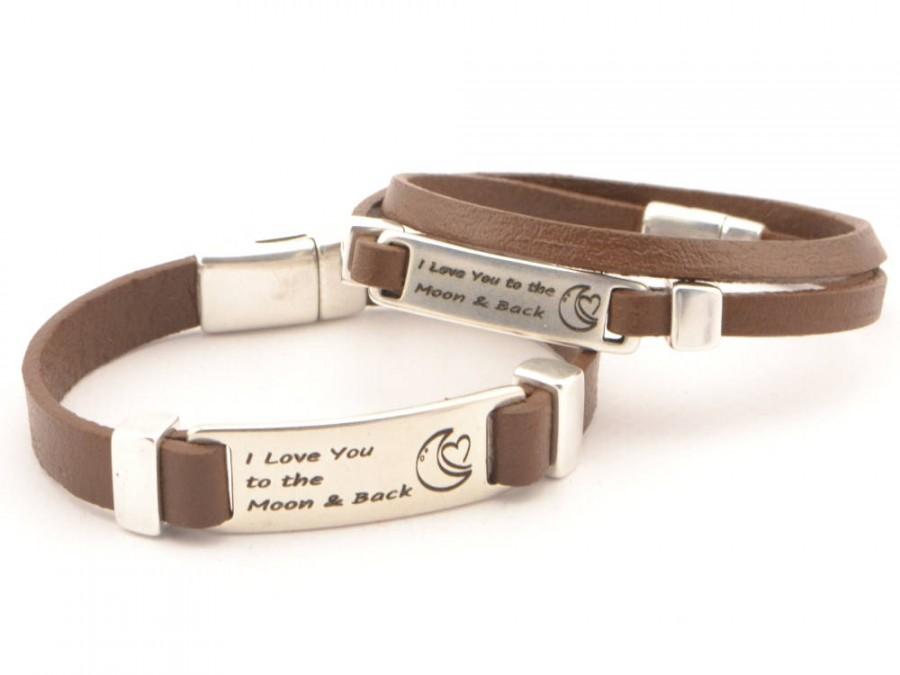 Mariage - I Love You To The Moon And Back couples bracelet, custom couples jewelry, engraved quote leather bracelet valentines gift husband wife