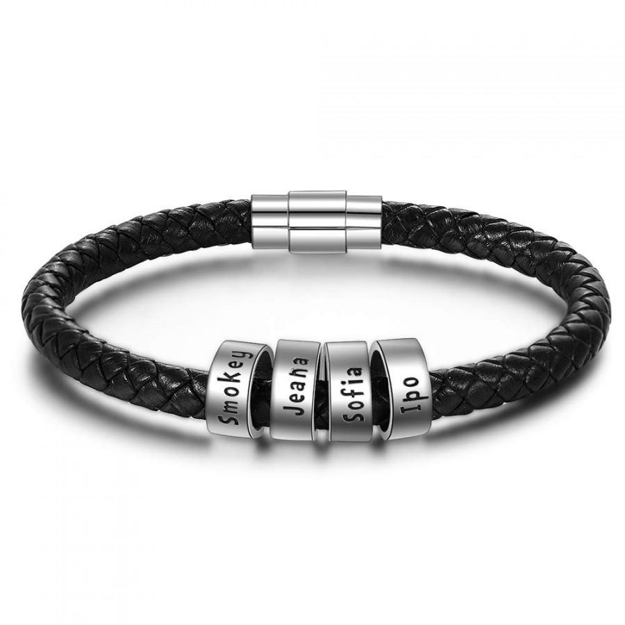 زفاف - Personalized Men Leather Bracelet Custom Men Braid Bracelet with Small Beads Bracelets for Men with Family Names
