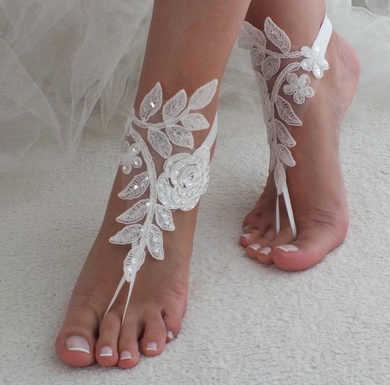 زفاف - Wedding Shoes, White Sequined Lace Barefoot Sandals, Beach Wedding Barefoot Sandals, Wedding Anklets, Summer Wear, Wrist Sandals, Bridesmaid