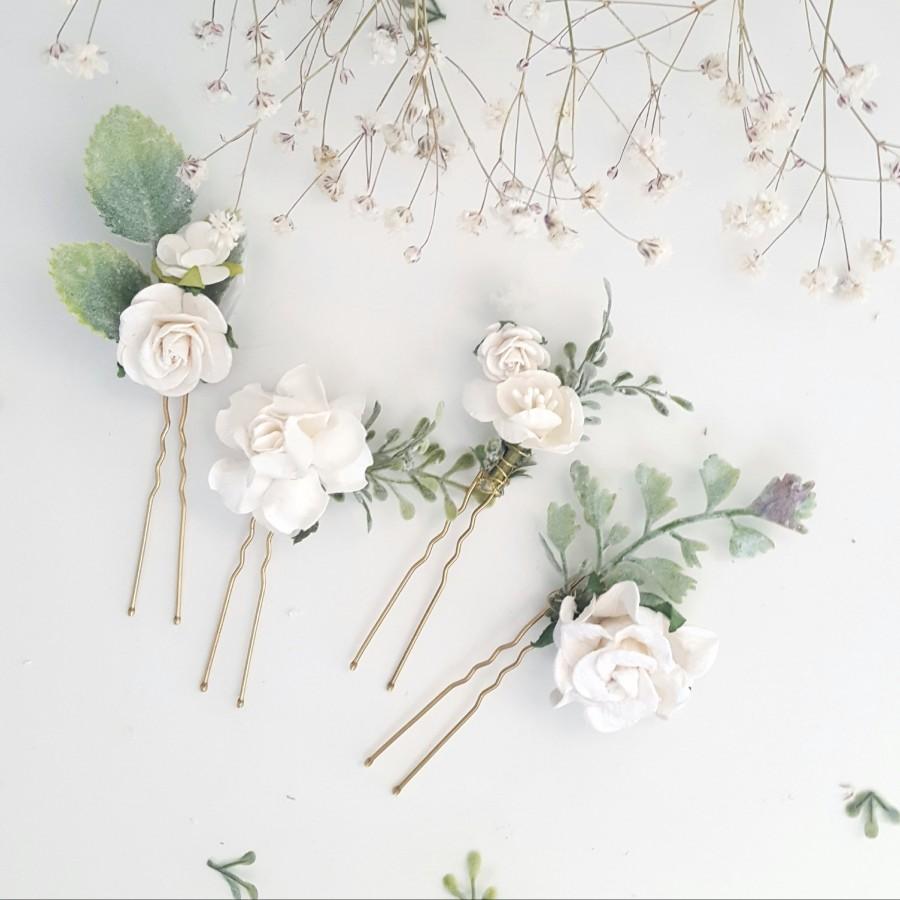 Hochzeit - Flower hair pins white hair clip boho bridal frosted foliage flower wedding hair slide slider comb headpiece