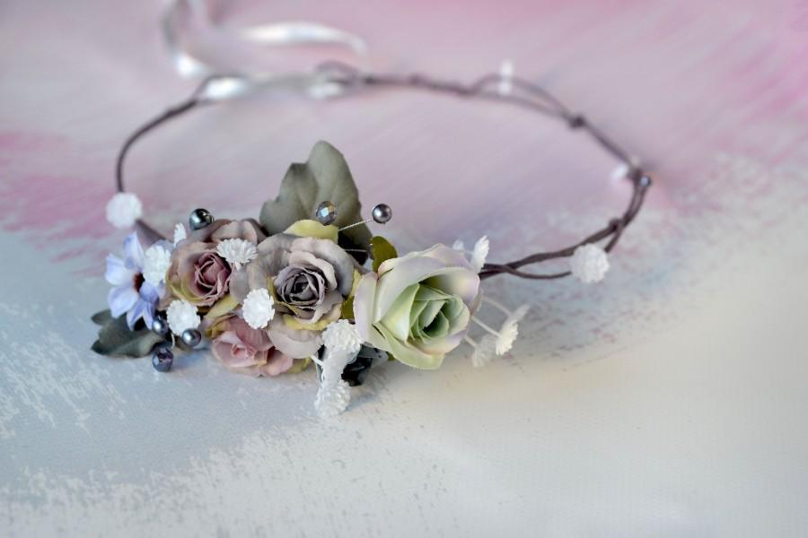 Mariage - Gray wedding flower crown Boho floral headband Gray head piece Bride floral crown Roses hair Baby breath crown Bridal headband