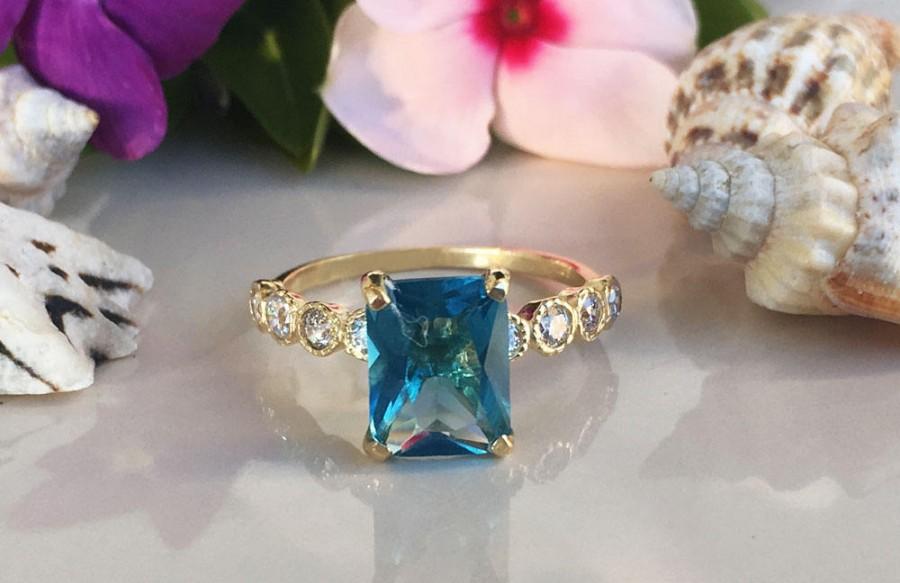 Wedding - Blue Topaz Ring - December Birthstone - Engagement Ring - Gold Ring - Cocktail Ring - Prong Ring - Rectangle Ring - Statement Ring