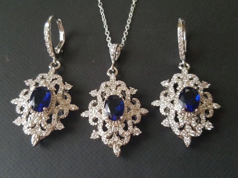 زفاف - Bridal Jewelry Set, Wedding Earrings&Necklace Set, Navy Blue Silver Halo Jewelry Set, Vintage Bridal Jewelry Sapphire Blue Victorian Jewelry