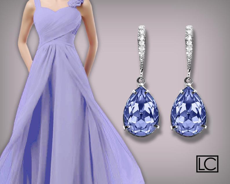 زفاف - Provence Lavender Crystal Earrings, Swarovski Lavender Silver Earrings, Periwinkle Bridesmaid Teardrop Earrings, Lilac Wedding Earrings