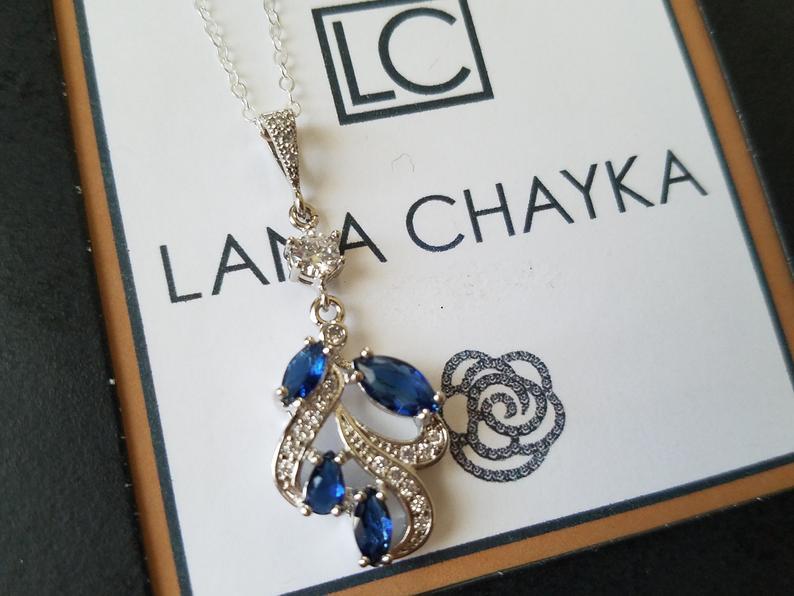 Mariage - Navy Blue Bridal Necklace, Sapphire Blue Crystal Pendant, Wedding Blue Floral Pendant, Bridal Jewelry Wedding Blue Jewelry Bridal Party Gift