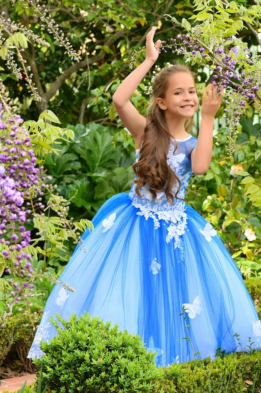 زفاف - Blue flower girl dress Tulle girls wedding party Baby Toddler 1st Birthday Princess Special occasion Tutu flower-girl
