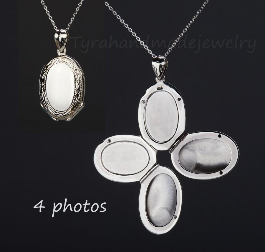 Wedding - Four photos sterling silver locket,Custom engrave memorial oval locket,anniversary gift,remembrance photo locket,Valentine's day,mother gift