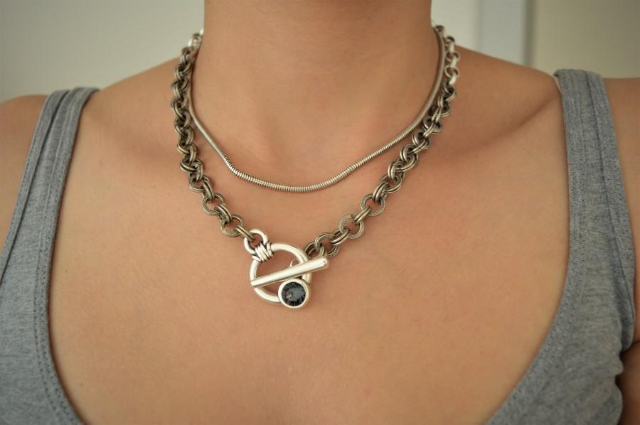 زفاف - Oxidised Chain Swarovski Toggle Clasp Necklace, Delicate Rock Style Crystal Stone Necklace, Dainty Thick Lock Chain Choker Necklace Jewelry