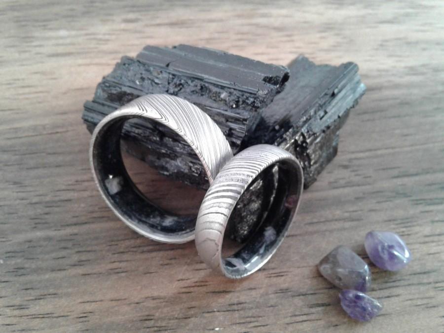 Wedding - New 5mm Round band and 8mm Square band, Matching Damascus steel ring, Black Tourmaline and Amethyst inside, His and hers Set Rings