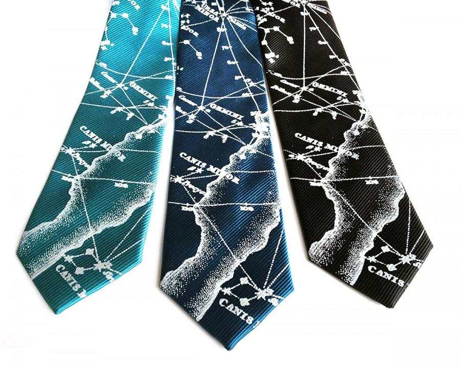 زفاف - Star Chart Necktie. Constellation Print astronomy tie. Milky Way Galaxy heavens, ice blue print. French blue & more, woven satin fabric.