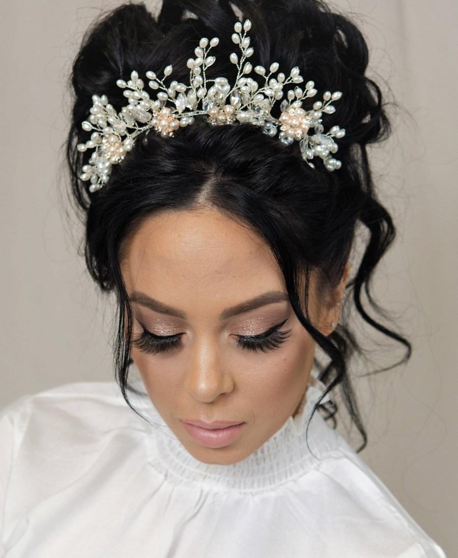 Свадьба - Pearl Tiara Crown Ducal Bridal Flower Crown White Head Jewelry Wedding Hairpiece Rose Gold Headpiece Princess Bride Crystal Diadem Pink Gold