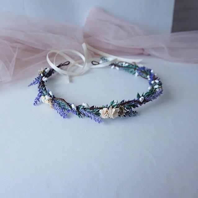 Hochzeit - Lavender crowns, purple wedding headband, lavender bridal crown, bridal floral crown, flower crown, purple halo, purple and ivory headband,
