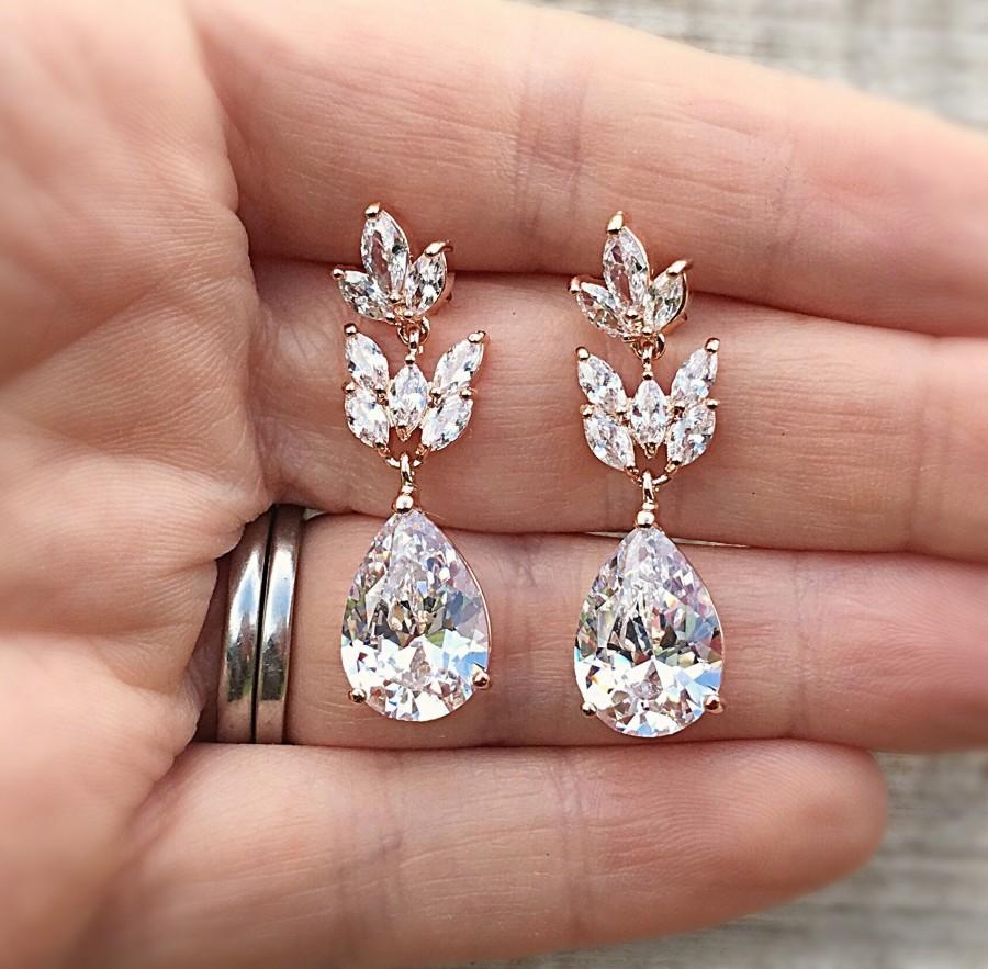 زفاف - Rose gold bridal earrings, chandelier earrings, wedding earrings, wedding jewellery, bridesmaid earrings, zirconia drop earrings