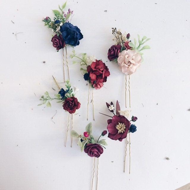 Wedding - Flower hair pins, art3, maroon hair flowers, set of 6 hair pins, bridal hair piece burgundy, deep red and navy hair flowers, floral hair pin