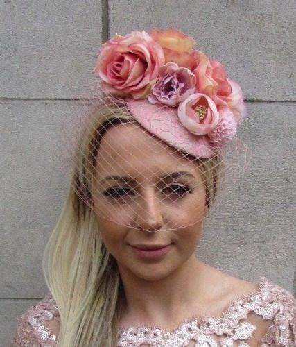 Blush Nude Light Dusky Pink Flower Feather Hat Fascinator Races Wedding 5887 