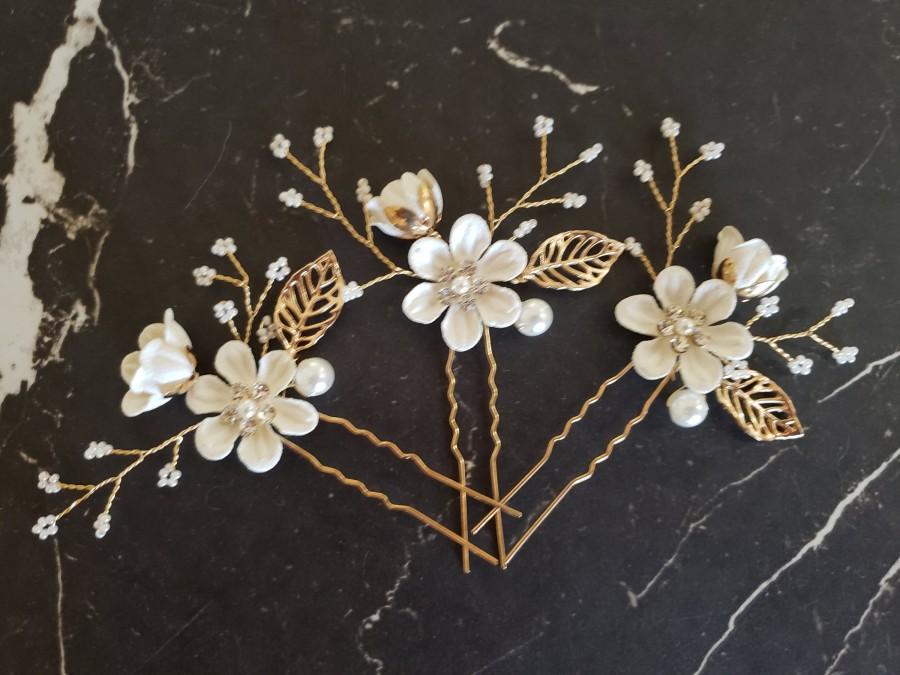 Wedding - Bridal Hair Pins, Pearl Crystal Flower Wedding Hair Pins, Hair Jewelry Hair Vine Wedding Hair Accessory, White and Gold Hair Pieces