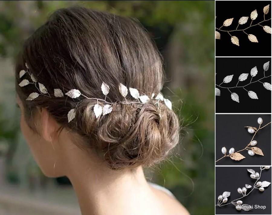 Hochzeit - Bridal hair vine, Wedding hair vine, Golden or Silver leaves Bridal headpiece, Bridal Headpiece wreath leafs & pearls, Bridal hair accesory