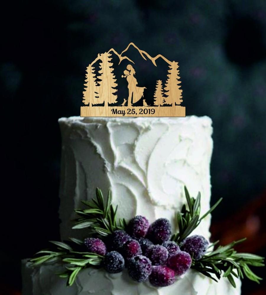 Wedding - Outdoor Wedding Cake Topper,Bride and Groom with two cat silhouette,Custom Mountain Cake Topper,Tree Cake Topper