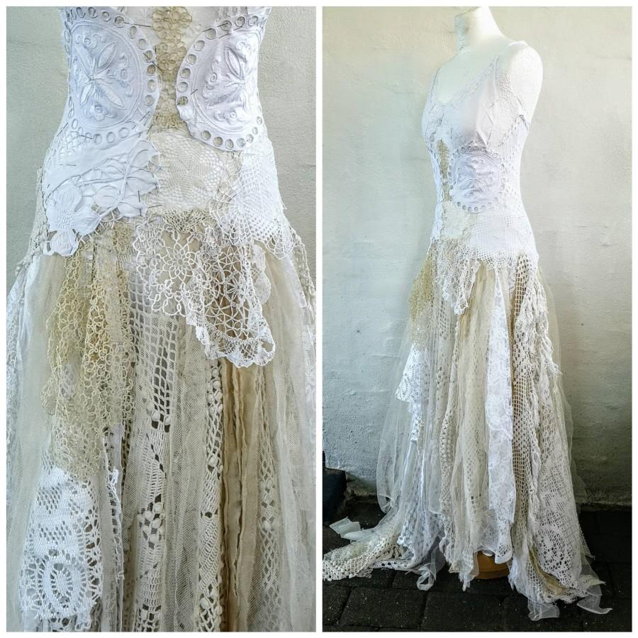 Mariage - Wedding dress fairy goddess,ethereal bridal gown,bridal gown gold and cream,boho wedding tattered dress,farm wedding,bohemian wedding dress