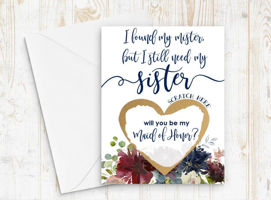 Wedding - Scratch Off I found my mister but I still need my sister Card - Sister Maid of Honor, Bridesmaid Proposal Card with Metallic Envelope