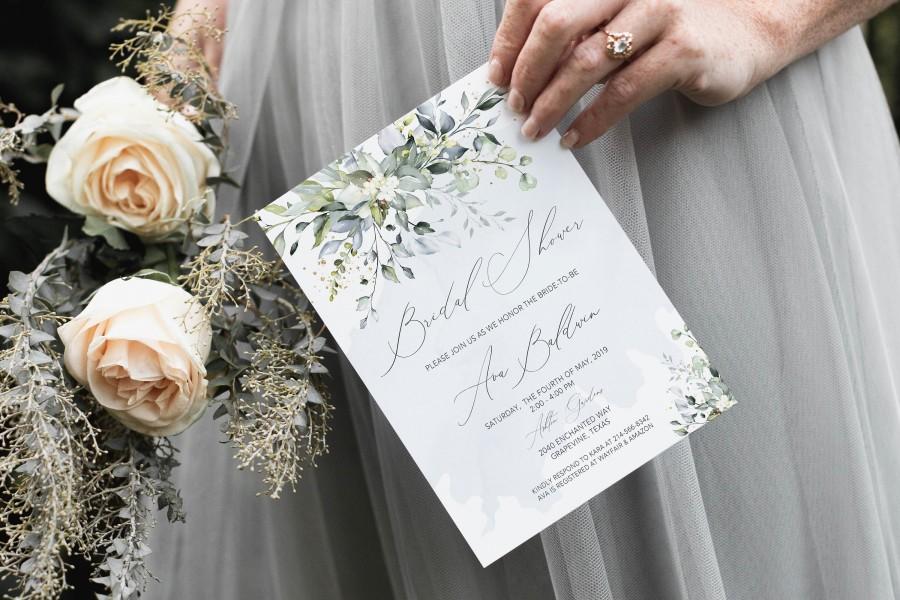 Свадьба - Succulent Bridal Shower Invitation Template, Dusty Blue and Greenery Shower, Watercolor Wedding, DIY Printable Couples Shower, 100% Editable