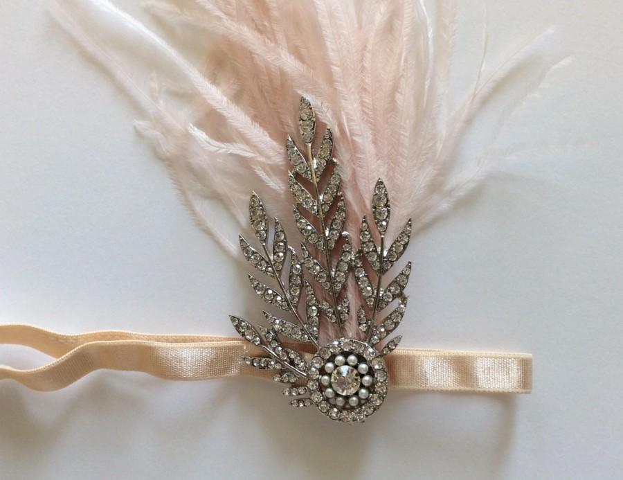 Hochzeit - Blush Gatsby headband, blush ostrich feathers headpiece Silver Jewel or gold jewel headpiece Rose gold fascinator beige flapper thinestone