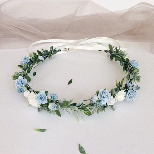 Mariage - Something blue, blue floral crown, greenery and dusty blue headband, white and blue crown, greenery and white and blue flowers crown,