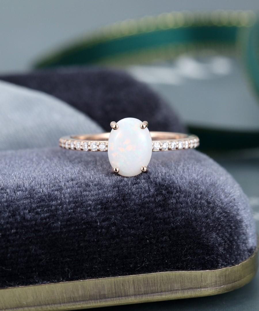 Wedding - Opal engagement ring Rose Gold oval cut vintage engagement ring Half eternity diamond wedding for women Bridal Promise Anniversary gift