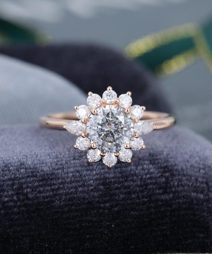 Hochzeit - Salt and pepper moissanite engagement ring vintage Rose Gold engagement ring Halo Flower pear shaped wedding women Bridal Anniversary gift