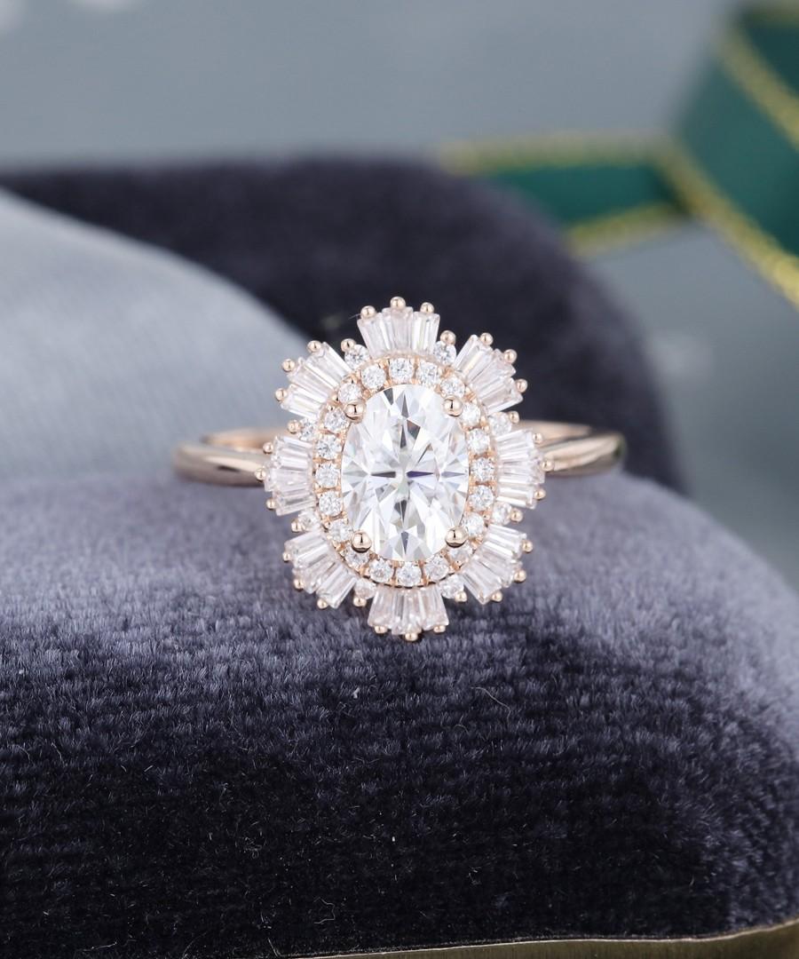 Mariage - Rose gold engagement ring vintage Moissanite engagement ring for women Unique Halo Diamond baguette Antique art deco Bridal Anniversary gift