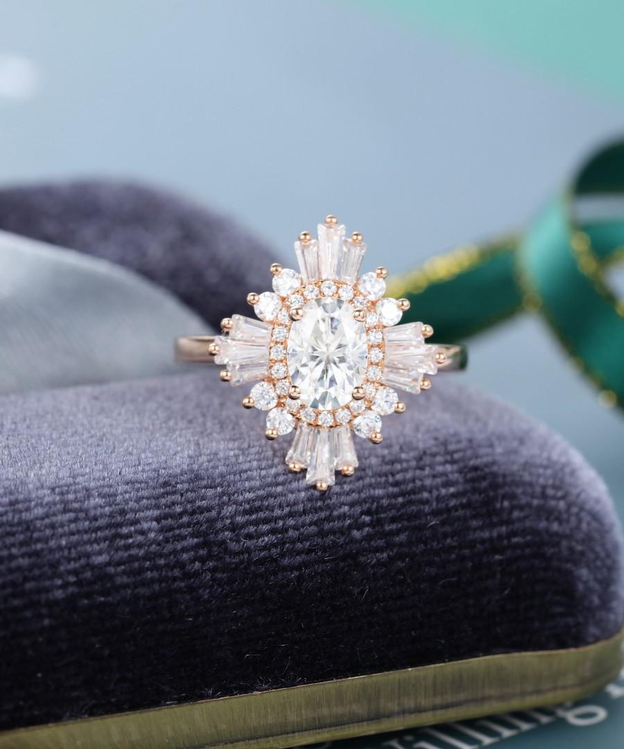 Hochzeit - Rose gold engagement ring vintage Halo Diamond /CZ art deco Oval cut Moissanite engagement ring baguette Antique Anniversary gift for women