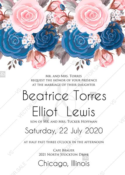 زفاف - Wedding invitation pink navy blue rose peony ranunculus floral card template PDF 5x7 in online editor
