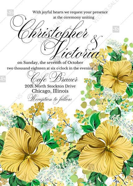 Wedding - Wedding invitation set yellow lemon hibiscus tropical flower hawaii aloha luau PDF 5x7 in wedding invitation maker