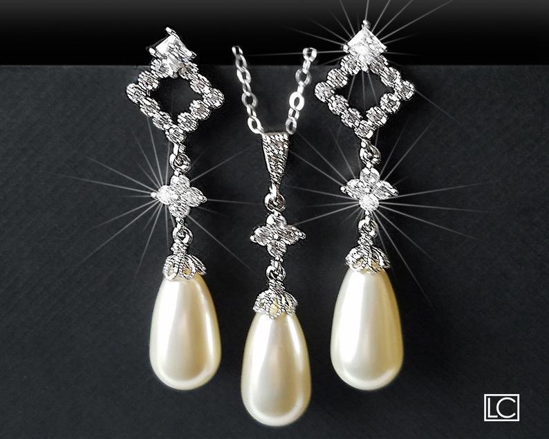 Hochzeit - Pearl Bridal Jewelry Set, Ivory Pearl Earrings&Necklace Set, Swarovski Teardrop Pearl Set, Wedding Bridal Jewelry, Ivory Pearl Silver Set
