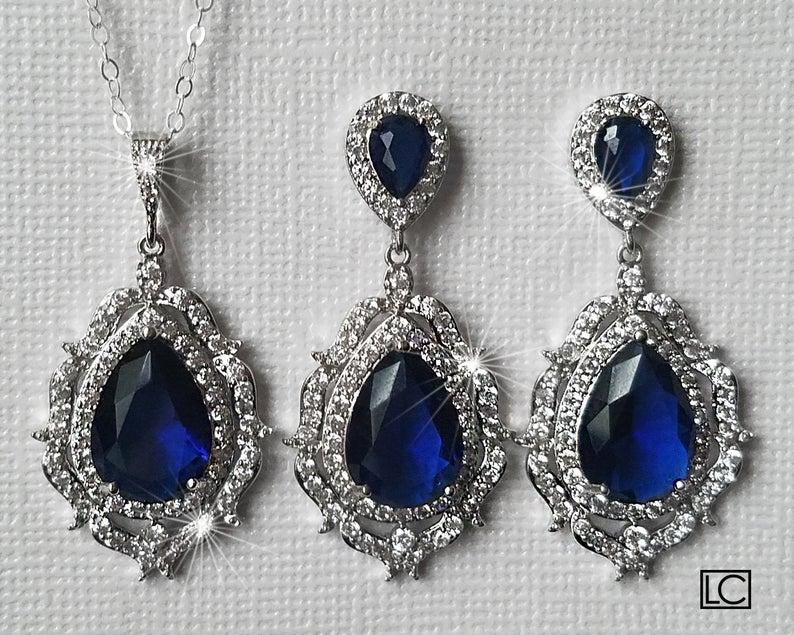 Wedding - Navy Blue Bridal Jewelry Set, Dark Blue Teardrop Earrings&Necklace Set, Sapphire Blue Silver Set, Wedding Jewelry, Bridal Navy Blue Jewelry