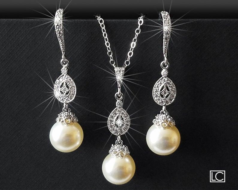 Mariage - Pearl Bridal Earrings&Necklace Set, Swarovski Ivory Pearl Silver Set, Ivory Pearl Wedding Jewelry, Bridal Jewelry Sets, Bridal Party Gift